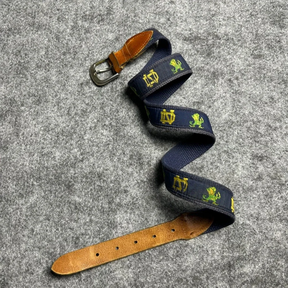 Vintage Notre Dame Fighting Irish Navy Blue Webbed Leather Belt Size L 34-40